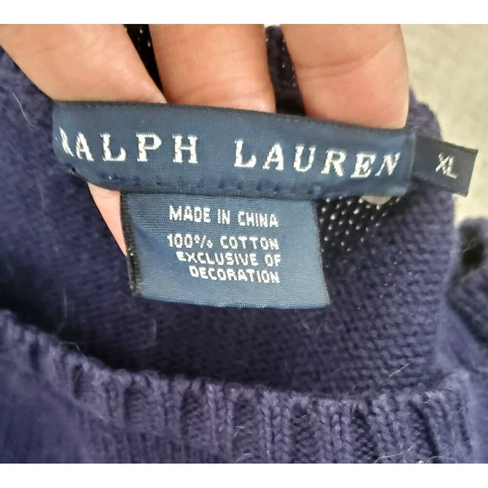 Ralph Lauren Women's Sweater Size XL Navy Gold Racing Stripe Cotton Pony Logo - Picture 4 of 6